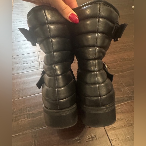 Black moto lugsole chunky MIA combat faux leather boots ankle buckle booties - Picture 8 of 10